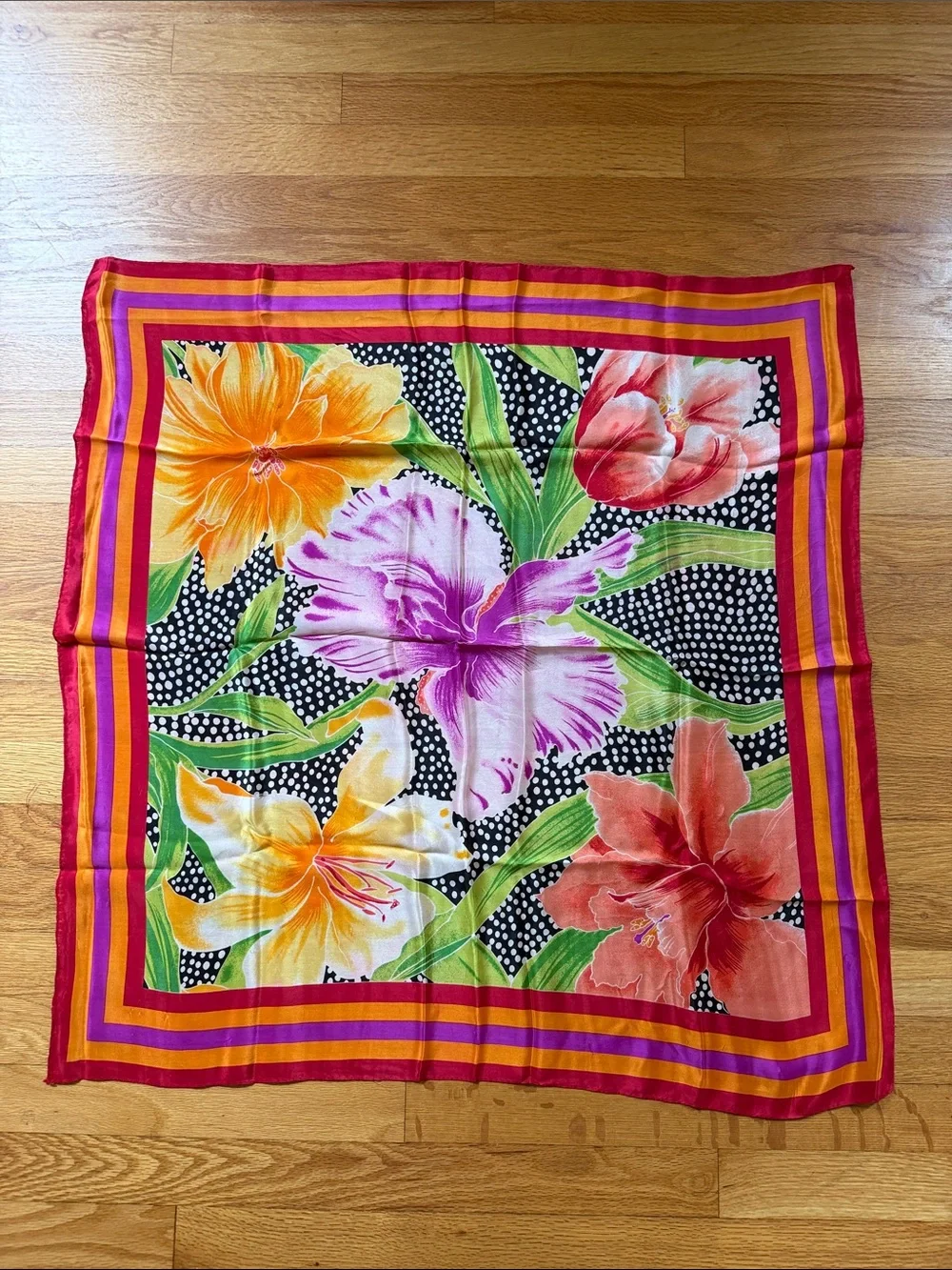 Vintage Vibrant Tropical Floral & Polka Dot Silk Square Scarf